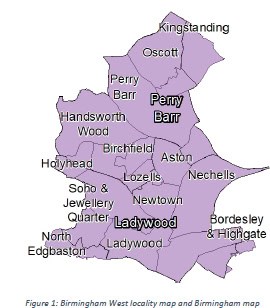 Map of West Birmingham wards for Health Champions: Perry Barr, Ladywood, Soho & Jewellery Quarter, Nechells, etc.